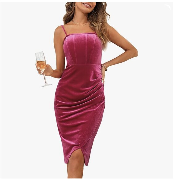 Velvet Bodycon Ruched Dress Strapless Corset Tube Asymmetrical Silt Midi Dress - Picture 1 of 13